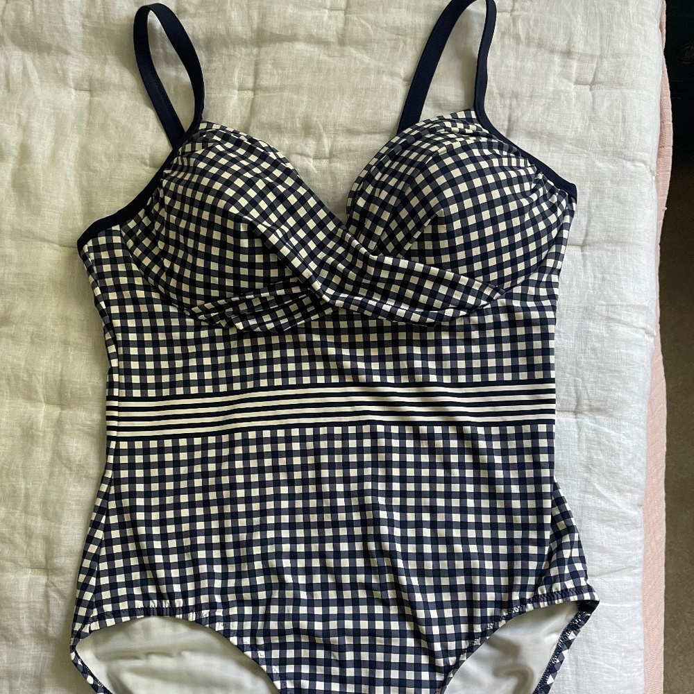 Draper James x Lands' End Women's Tummy Control Wrap Blue Gingham Swimsuit
